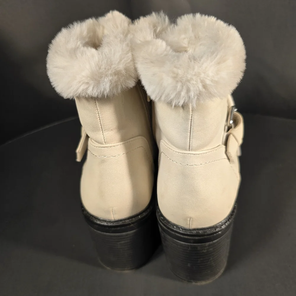 Esprit Elaine Leather Lace Up Ankle Boots Winter White Faux Fur Block Heel Sz 8M